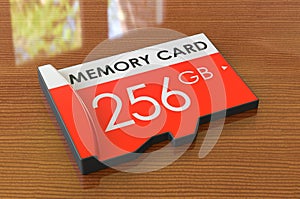 Memory card 256 GB on the wooden table. 3D rendering