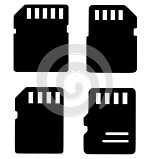 4 memory card illustrations, black silhouette, transparent background