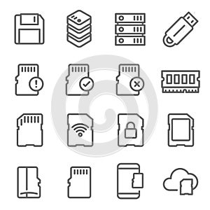 Memory Card Vector Line Icon Set. Contains such Icons as Thumb drive, Wifi SD Card, Database, Ram, Cloud and more. Expanded Stroke
