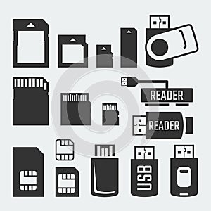 Memory cards, sticks, readers and SIM cards silhouettes
