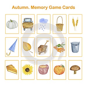 Memory game autumn holiday, Thanksgiving English vocabulary learning printable flash cards, educational topical worksheet