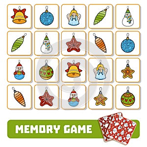 Memory game for children, cards with Christmas tree toys