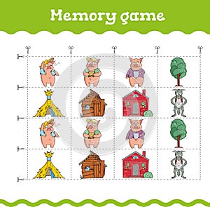 Memory game Education games with three little pigs. Preschool or kindergarten worksheet. Vector illustration