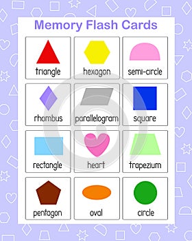 Memory game geometry shapes of different color, English vocabulary learning printable flash cards