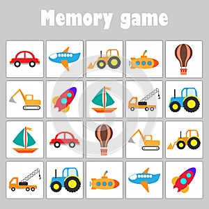 Memory game with pictures - different transport for children, fun education game for kids, preschool activity, task for the photo