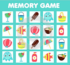 Memory game for toddlers Beach fun . Educational children game. Summer holidays theme