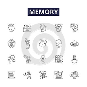 Memory line vector icons and signs. Retention, Remembrance, Cache, Memorize, Reminisce, Impression, Legacy, Mnemonic