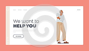 Memory Loss Landing Page Template. Senility Dementia Concept. Confused Pensive Old Male Character Forget Something photo