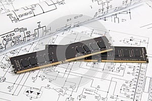 Memory module DIMM type DDR4 on paper electronics drawings