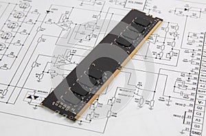 Memory module DIMM type DDR4 on paper electronics drawings