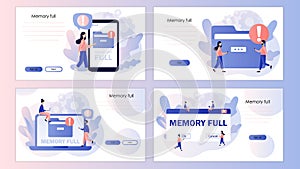Memory space full notification. Cleaning mobile phone or computer memory or storage. Folder full. Screen template for