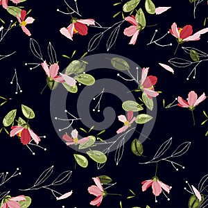 Memphis colorful template on dark blue background. Hand drawn green leaf and pink or red flower cosmey texture. Seamless floral