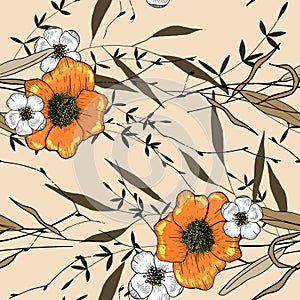 Memphis colorful template on white background. Hand drawn green leaf and yellow or orange flower texture. Seamless floral pattern