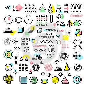 Memphis design. Modern funkie graphic fashion forms geometrical shapes dots lines triangles circles vector templates