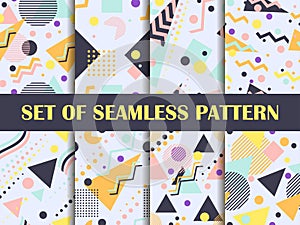 Memphis seamless pattern set. Geometric elements memphis in the style of 80`s. Pastel colors. Vector