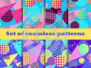 Memphis seamless patterns set. Geometric elements of Memphis in the style of the 80s. Colorful background for promotional items,