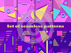 Memphis seamless patterns set. Geometric elements of Memphis in the style of the 80s. Colorful background for promotional items,