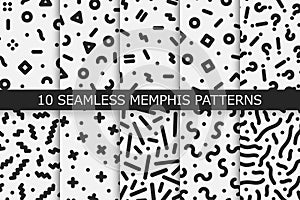 Memphis seamless patterns - vector swatches collection. Fashion 80-90s. Black and white textures