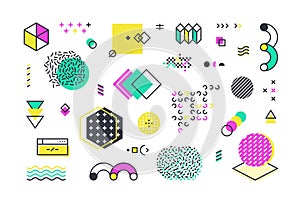 Memphis shapes. Abstract geometric line elements with retro graphic shapes for web design advertisement and social photo