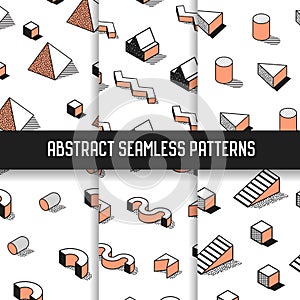 Memphis Style Abstract Seamless Patterns Set with Geometric Elements. Funky Hipster 80s-90s Fashion Backgrounds
