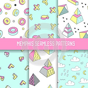 Memphis Style Abstract Seamless Patterns Set with Geometric Elements. Funky Hipster 80s-90s Fashion Backgrounds