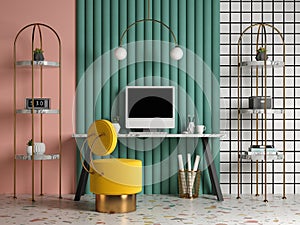 Memphis style conceptual interior Home office 3 d illustration