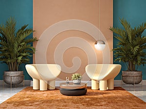 Memphis style conceptual interior room 3d illustration