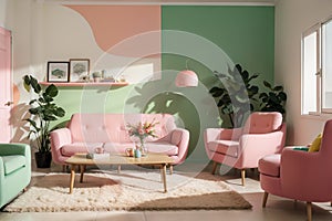 Memphis style conceptual interior room. Colorfull living room interior two green armchairs, red shelf with art decoration, clock,