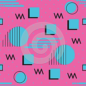 Memphis style repeat seamless pattern of geometric shapes blue with pink background