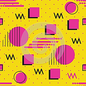 Memphis style repeat seamless pattern of geometric shapes pink with yellow background
