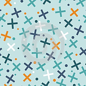 Memphis style seamless pattern. Crosses and circles. Abstract ba