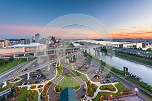 Memphis, Tennessee, USA aerial skyline view with downtown and Mud Island