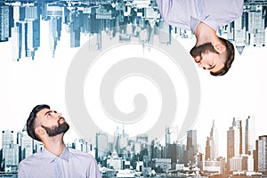 Men on abstract city background