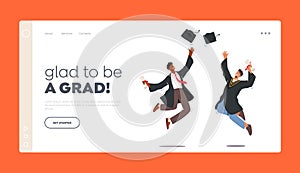 Men Alumnus Celebrating Glad to be Grad Landing Page Template. University Graduation, Male Characters in Graduation Gown photo