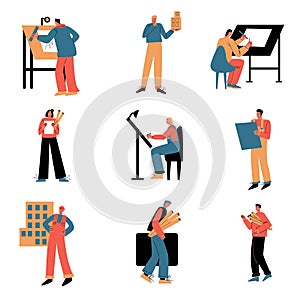 Men architects with tools and equipment during work vector illustration