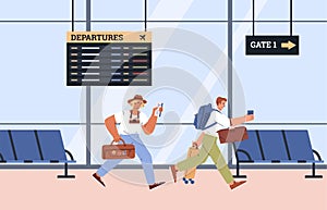 Men with bag, photo camera and ticket run to board the airplane, Vector illustration of disproportionate characters at