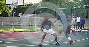 Men, basketball player and outdoor for game, competition and speed with fitness, training or dribble. Black people