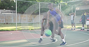 Men, basketball player and outdoor for game, dribble and speed with fitness, training or competition. Black people