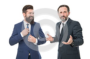 Men bearded wear formal suits. Well groomed business men. Partnership and teamwork. Men successful entrepreneurs white