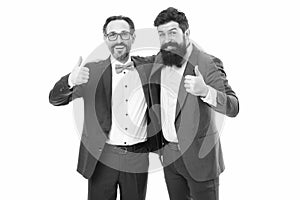 Men bearded wear formal suits. Well groomed business men. Successful partnership. Achieve success. Men entrepreneurs