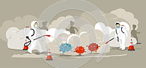 Men in bioharzard suit spraying cloud of disinfectant in the street, multi-color virus characters trapped in the middle.
