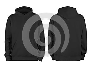 Men black blank hoodie template,from two sides, natural shape on invisible mannequin, for your design mockup for print