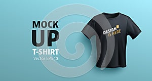 Men black t-shirt 3d render front view mock up. Vector realistic mockup of male blank t-shirt short sleeves, sport or