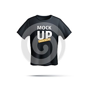 Men black t-shirt front view mock up. Vector realistic 3d render mockup of male blank t-shirt short sleeves, sport or