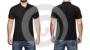 Men in blank black polo shirt, front and back view, white background. Design polo shirt, template and mockup for print.