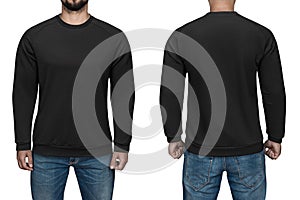 Men in blank black pullover, front and back view, white background. Design sweatshirt, template and mockup for print.