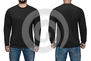 Men in blank black pullover, front and back view, white background. Design sweatshirt, template and mockup for print. photo