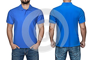 Men in blank blue polo shirt, front and back view, isolated white background. Design polo shirt, template and mockup for print.