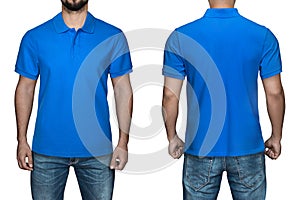 Men in blank blue polo shirt, front and back view, white background. Design polo shirt, template and mockup for print.