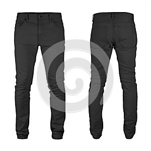 Men blank skinny black jeans template,from two sides, natural shape on invisible mannequin, for your design mockup for print, isol photo